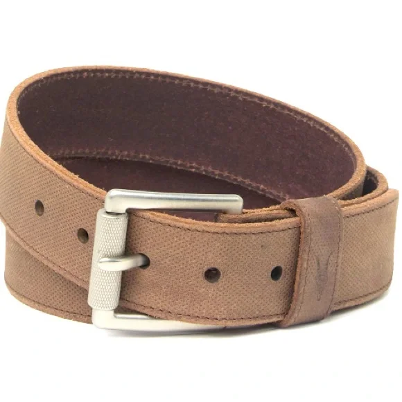 Allsaints textured leather 1 1/2”W US 42knurled roller buckle an embossed logo